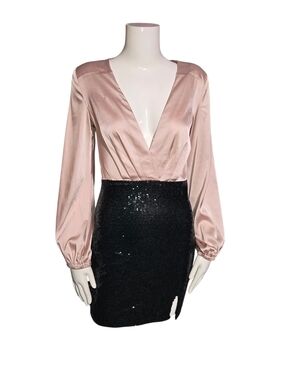 Plunging Satin Bodice Sequin Mini Dress - Blush & Black